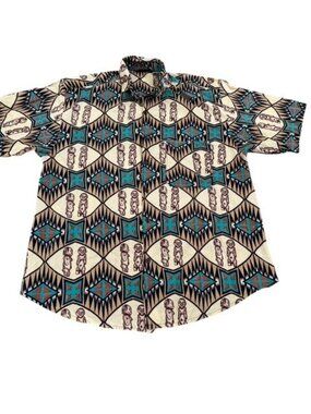 Vintage Tribal Print Button Up Shirt XL XXL Tan Teal Southwestern Ethnic Tiki
